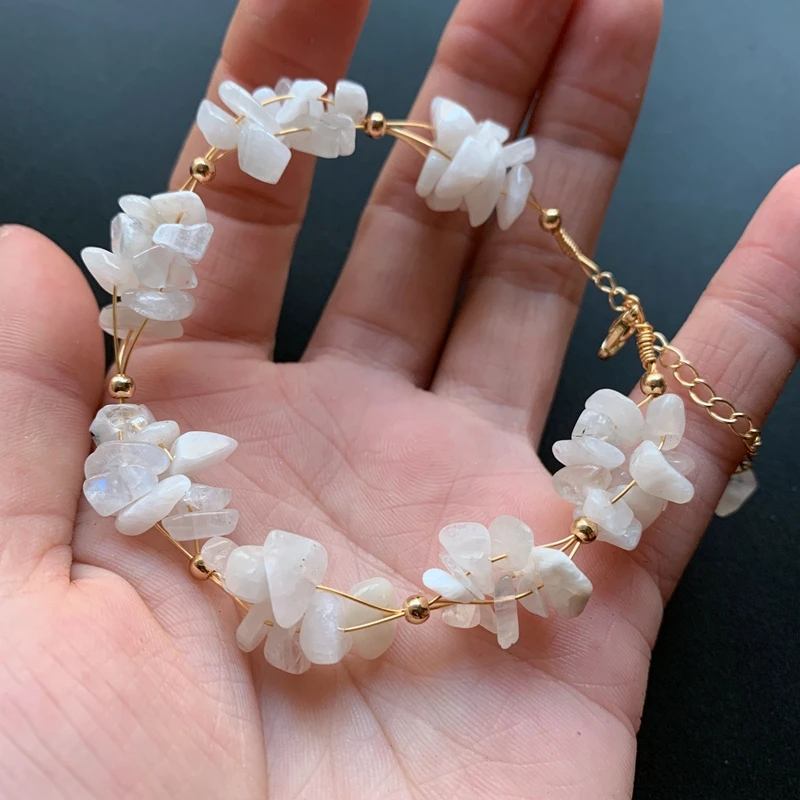 

Natural White Moonstone Chips Beads Bracelet Handmade 14k wire wrapped Bracelet Reiki Healing Crystals Wrist Jewelry 1pc
