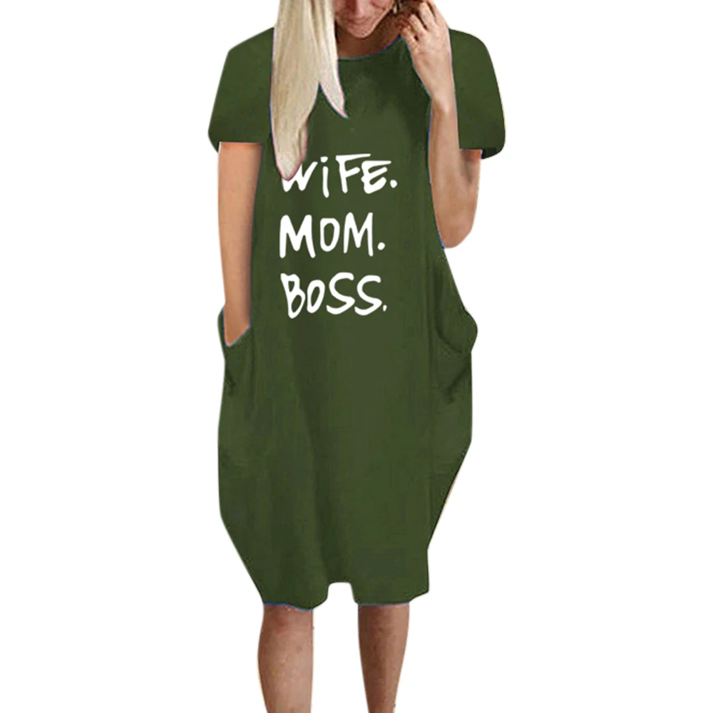 

VICABO Letter Print Dress Women Short Sleeve Crew Neck T-Shirt Dresses Female Letter Pocket Loose Plus Size Dress Woman