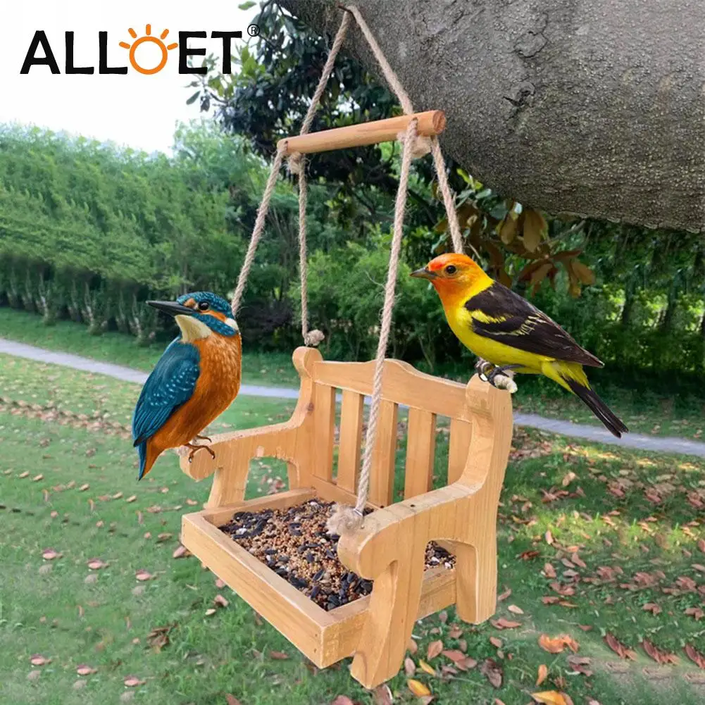 

Wooden Swing Chair Bird Feeding Container Balcony Auto Hanging Bird Food Holder Hanging Birdhouse for Garden Yard Outdoor Decor