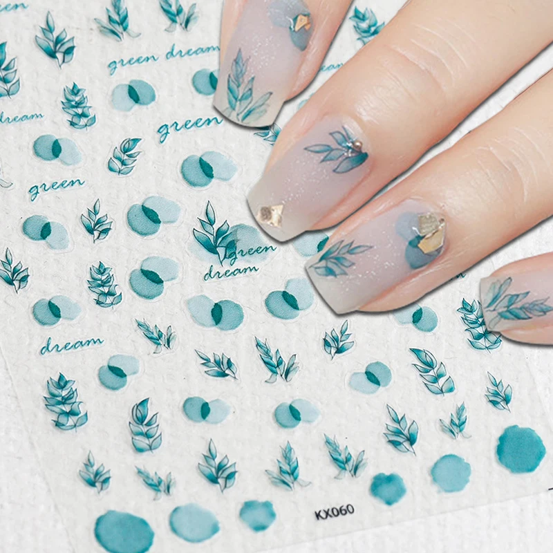 

Translucent Green Leaves 3D Adhesive Nail Art Stickers 5D Soft Embossed Reliefs Nail Decals Decorations Wholesale Dropshipping
