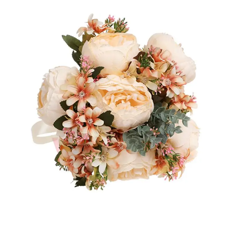 

European Style Artificial Champagne Rose Wedding Bouquet with Greenery Lace Ribbon Bride Realistic Holding Flower Decor W0YA
