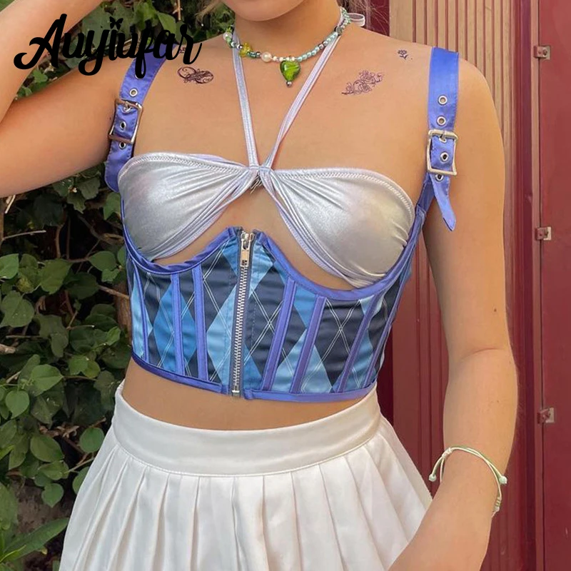 

Auyiufar Plaid Printing Elfcore Zipper Corset Top Y2k Cute Slim Sweet Grunge Fairycore Women Bustier Tops Fashion Casual Outfits