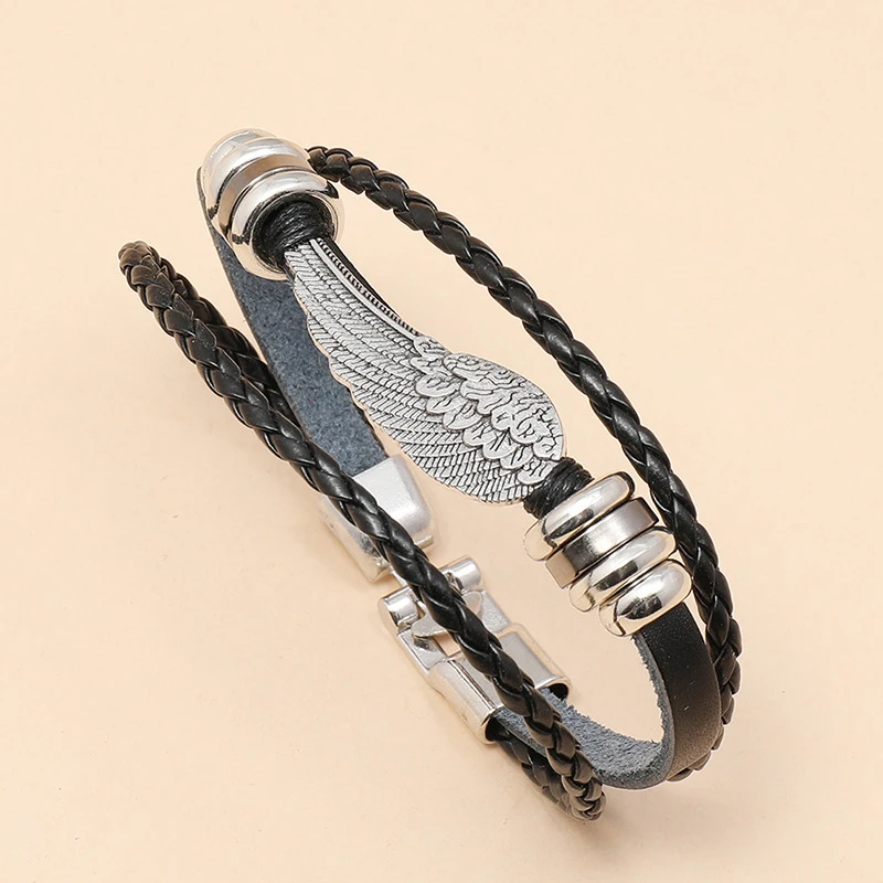 Fashion Punk Black Men Bracelet Vintage Multilayer Feather Angel Wing Charm Braided Leather Rope Chain Bangle Wristbands Jewelry | Украшения