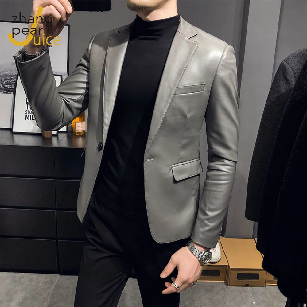 

Men Blazer Jackets Slim Fit Leather Jacket Fashion Blazer PU Leather Jacket Coat Blazer Male Outwear