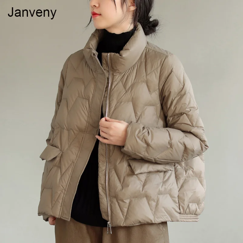 

2021janveny Ultra Leve Para Baixo Jaqueta Feminina Inverno Gola Pena Puffer Casaco Pato Branco Para Baixo Parkas Cor Slida