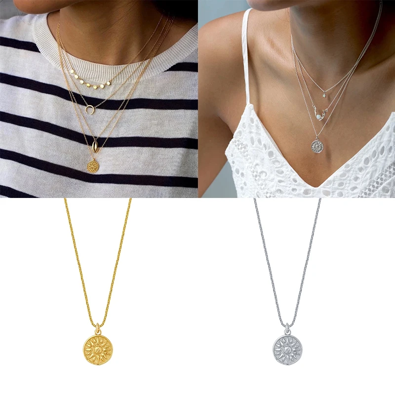 

Vintage Sun Pendant Necklaces for Women Girls Chain Summer Jewelry Stars Clavicle Necklace 925 Sterling Silver Gold Necklace