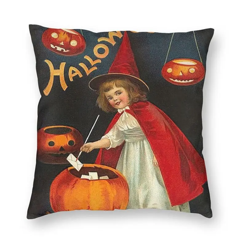 

Young Witch Girl With Letters Cushion Covers Sofa Home Decorative Halloween Pumpkin Trick Or Treating Square Throw Pillow Case