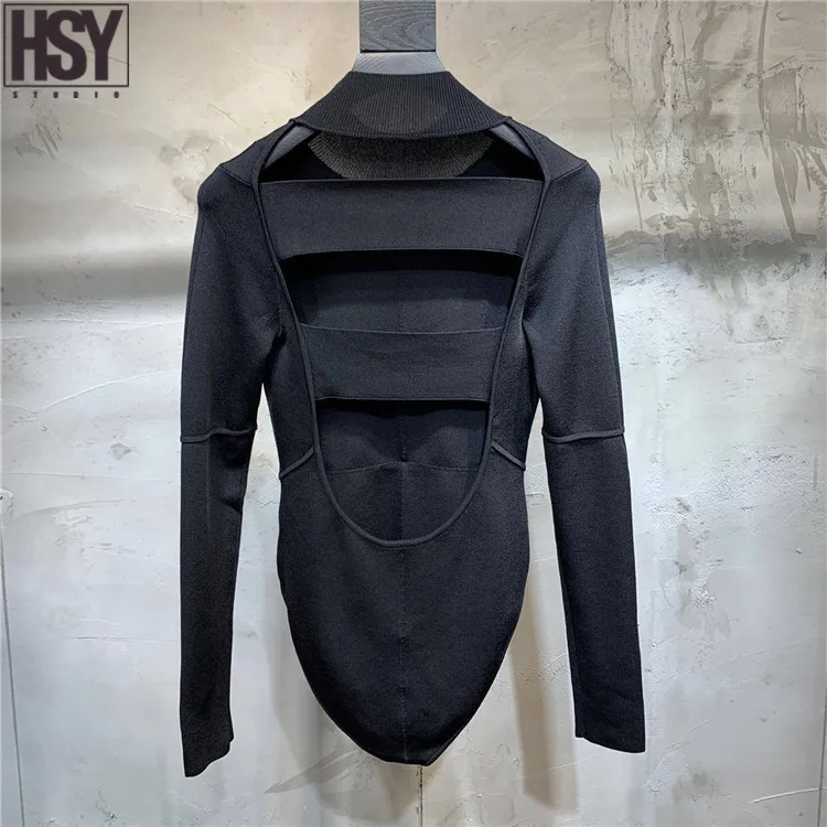【HSY】2019 Осень Зима Новый женский длинный рукав круглый вырез черный сексуальный