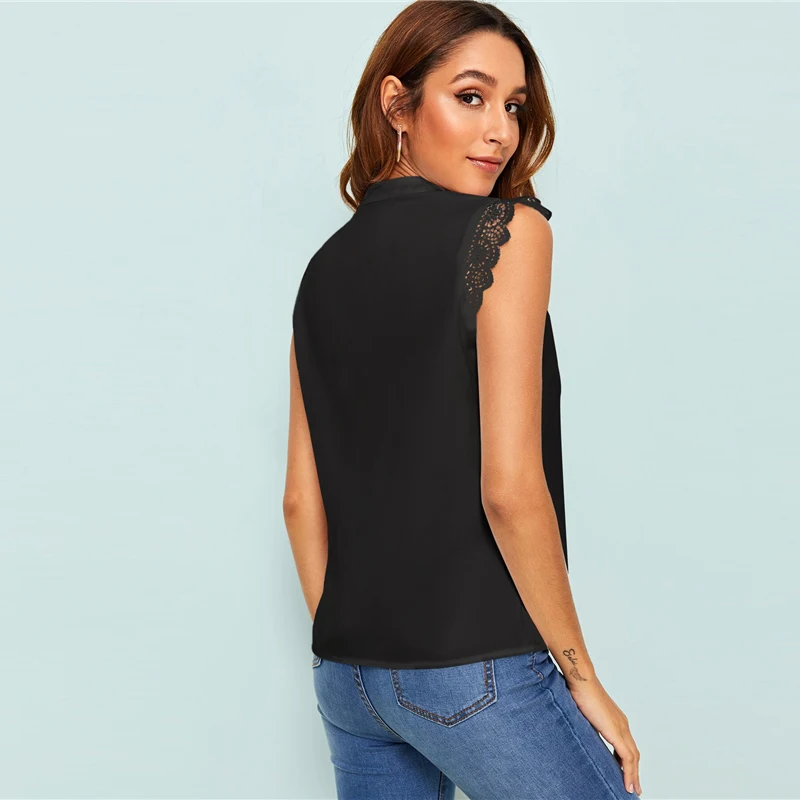 SHEIN модный топ с v-образным вырезом и кружевной отделкой, элегантный топ с v-образным вырезом и стоячим воротником, летние женские топы и блузки без рукавов