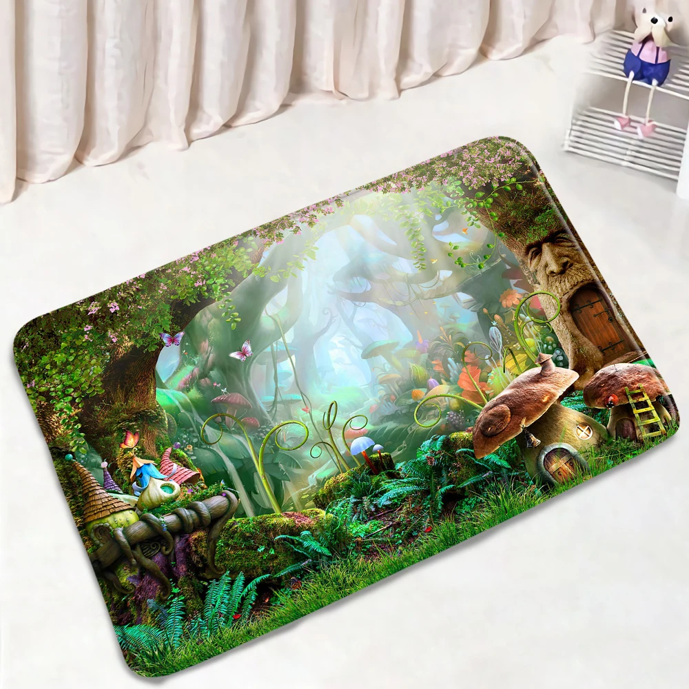 

Misty Forest Bathroom Mats Dreamy Nature Scenery Tree Lavender Non-Slip Rug Flannel Home Decor Bath Kitchen Doorway Aisle Carpet