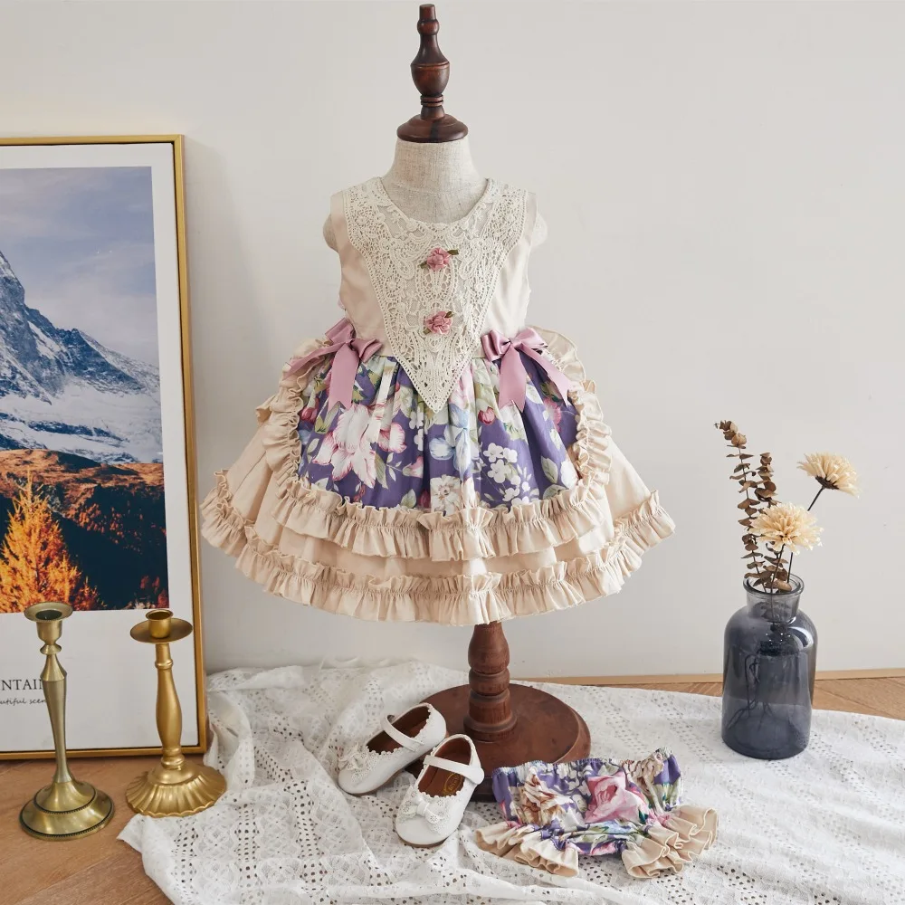 

Baby Girl Summer Sleeveless Purple Flower Maid Vintage Spanish Lace England Lolita Princess Ball Gown Dress for Birhtday Party