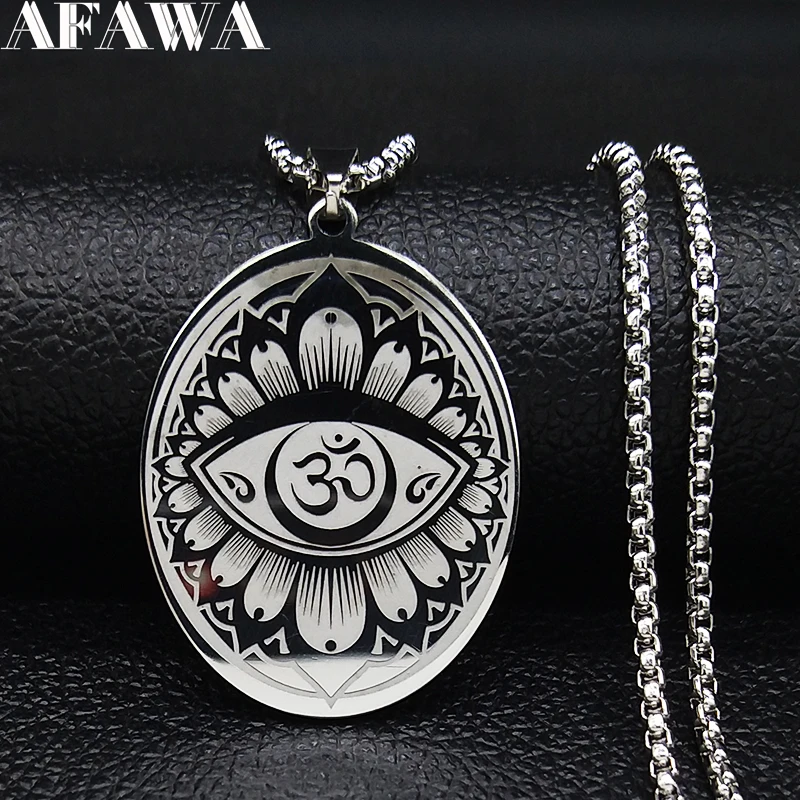 Buddhism Om Lotus Mala Necklaces Stainless Steel Silver Color Indian Yoga Mandala Necklace Jewelry colgante mujer N1205S02