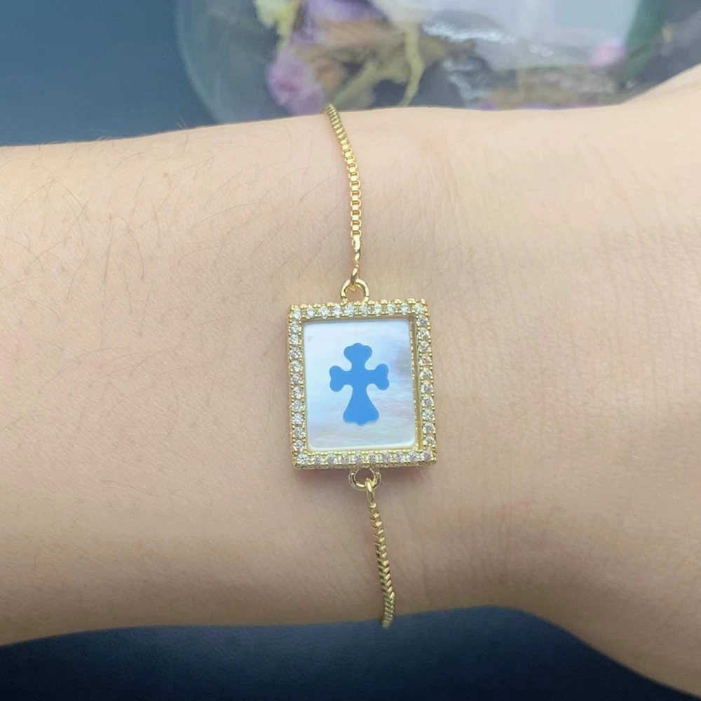

Classic Rectangle Cross Charm Bracelets For Women 2021 Fashion Mother of Pearl Shell Zircon Femme Luxury Jewelry Gift