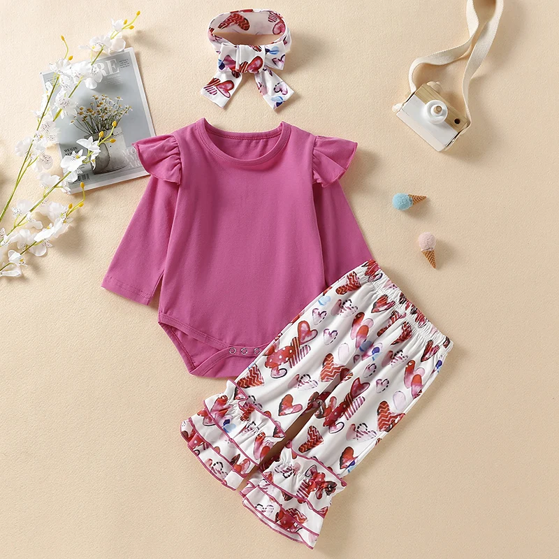 

2022 3Pcs Girls Spring Outfits Ruffled Long Sleeve Romper Heart Print Flares Headband for Toddlers Girl Baby's Sets 0-24 Months