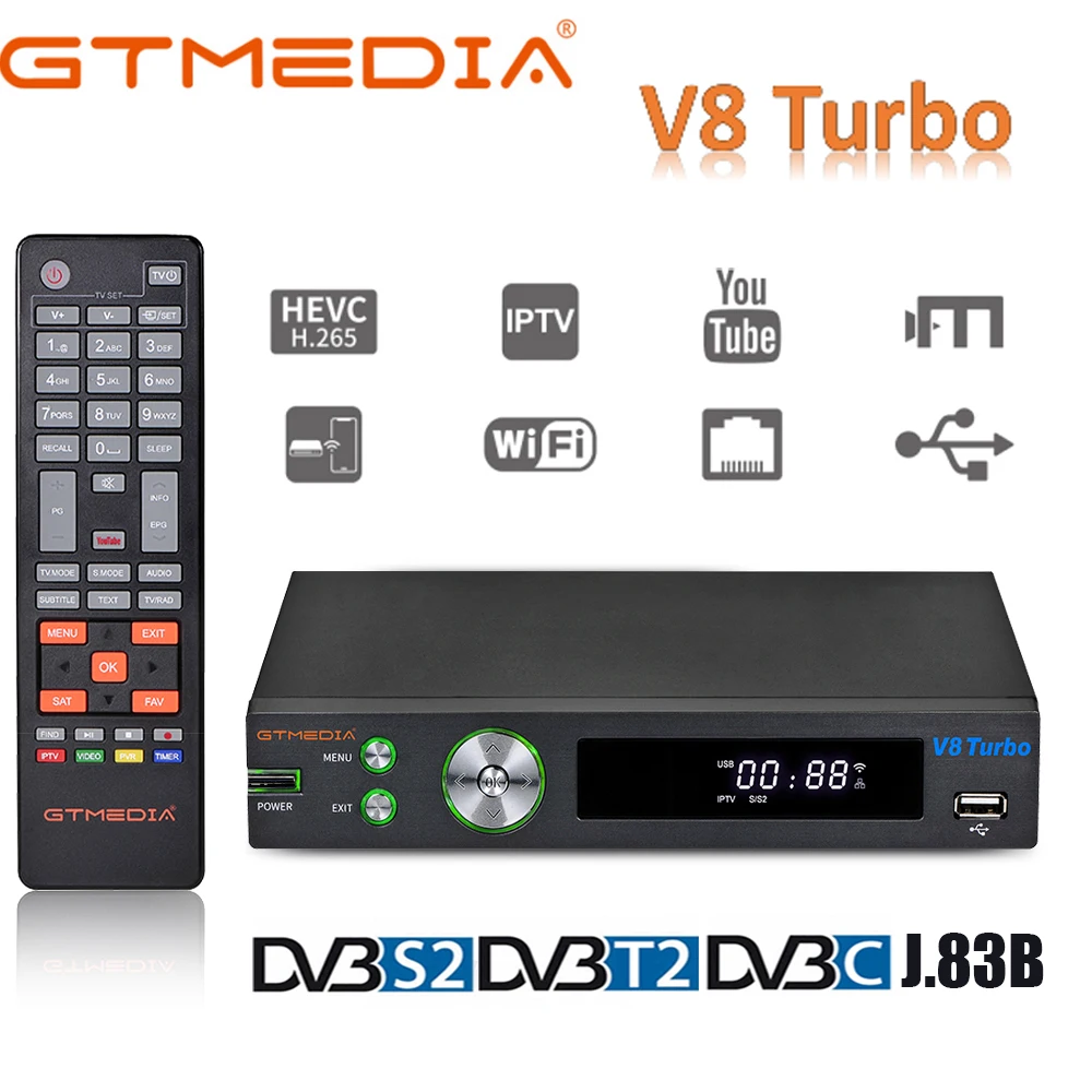 

New Spain, satellite tv box GTMEDIA V8 Turbo DVB-S/S2/S2X+T/T2/Cable/J.83B supports auto roll Full PowerVu DRE &Biss key decoder