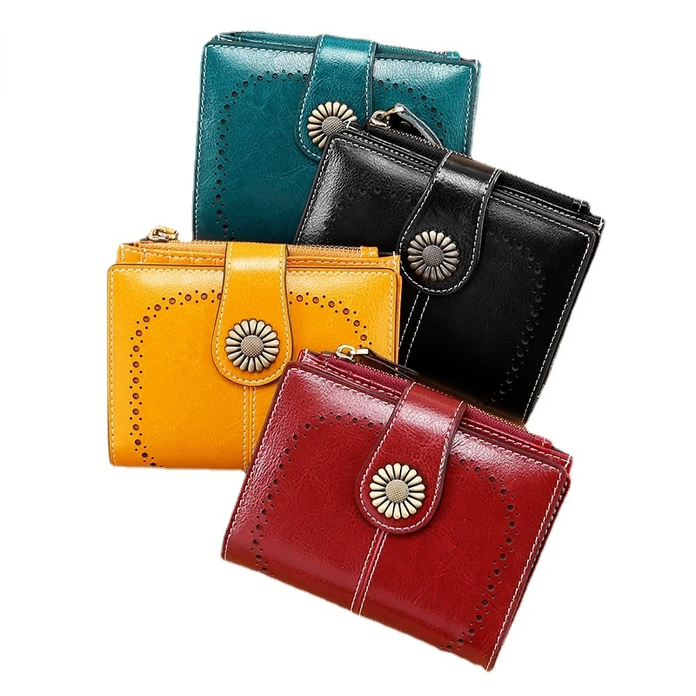 Women Leather Wallets Short Luxury Oil Wax Leather 2022 New Coin Purse Fashion Buckle Zipper Multifunctional  Ladies Card Holder