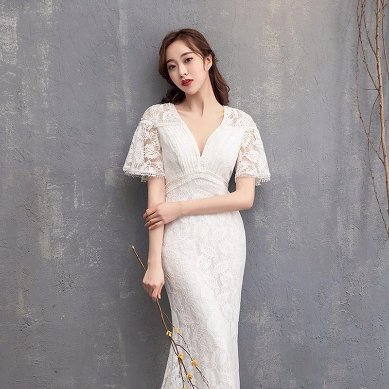 Женское свадебное платье с юбкой годе элегантное кружевное V-образным вырезом на