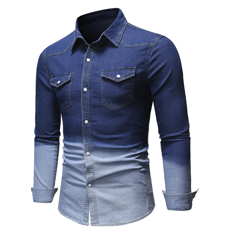 

Джинсовая рубашка в стиле пэчворк для мужчин, повседневная однобортная Модная рубашка из денима с лацканами и длинными рукавами, весна 2021