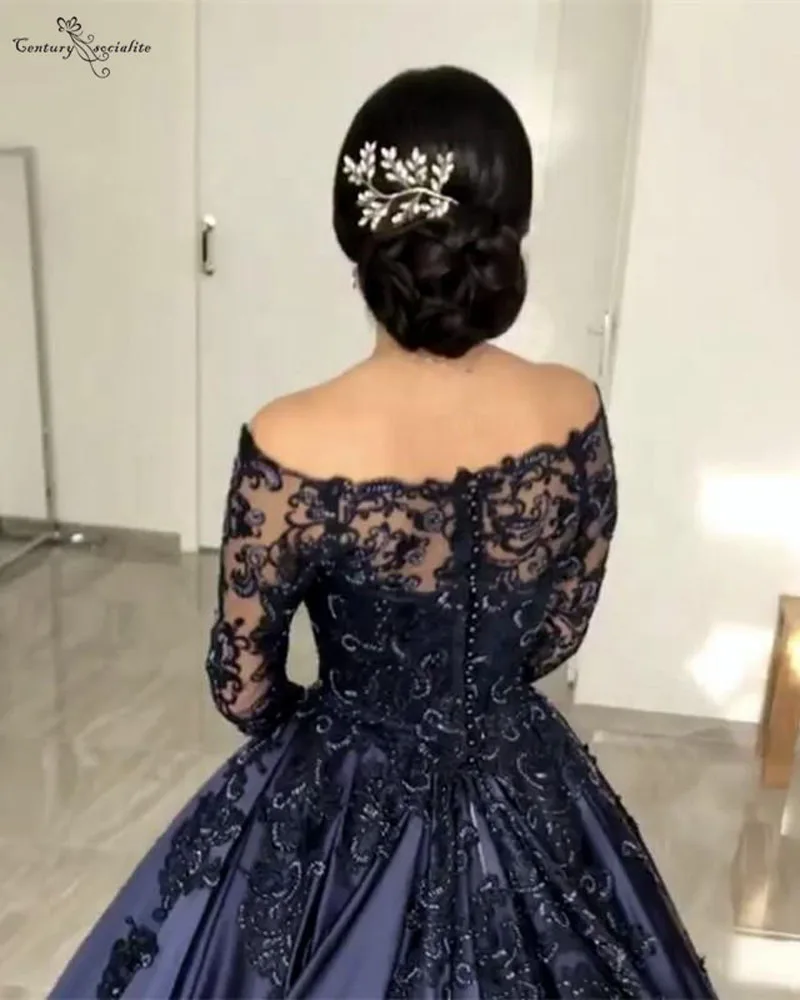 Темно-синее атласное платье Quinceanera с Длинным Рукавом Кружевная аппликация