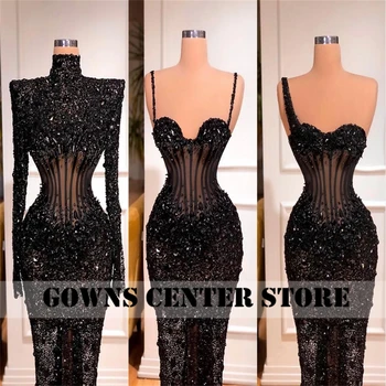 Dubai Beaded Mermaid Evening Dresses Luxury Black Party Dress Sparkly Stones Long Sleeve Middle East Women Formal Gowns robe