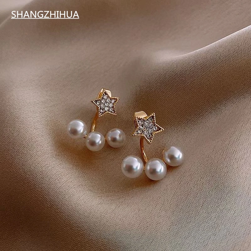 

SHANGZHIHUA Simple Three Pearl Pendant Earrings Fashion Ladies Jewelry For Woman 2021 New Party Girls Golden Star Earrings