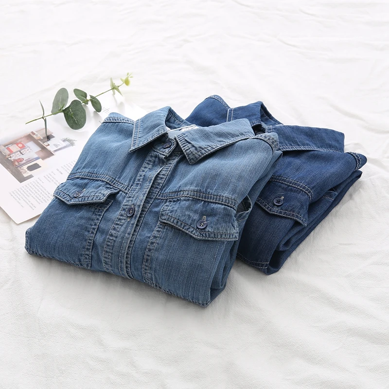 Осень 2021новинка джинсовые женские рубашки свободные длинные однотонные джинсы