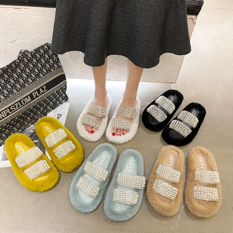 

Women Shoes Fur Slippers Sandels for Women Summer 2021 New Pearl Flat Bottom Fashion Hairy Net Red Women's Slippers Sandals