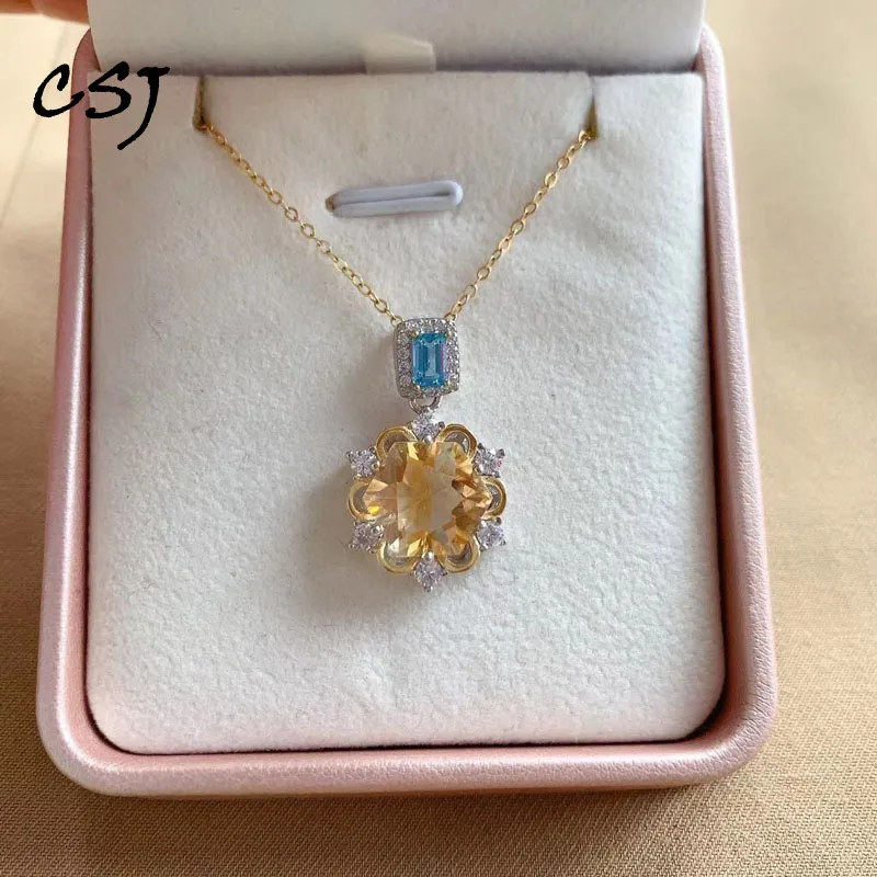 CSJ натуральный цитрин Снежинка Кулон Серебро 925 пробы драгоценный камень топаз