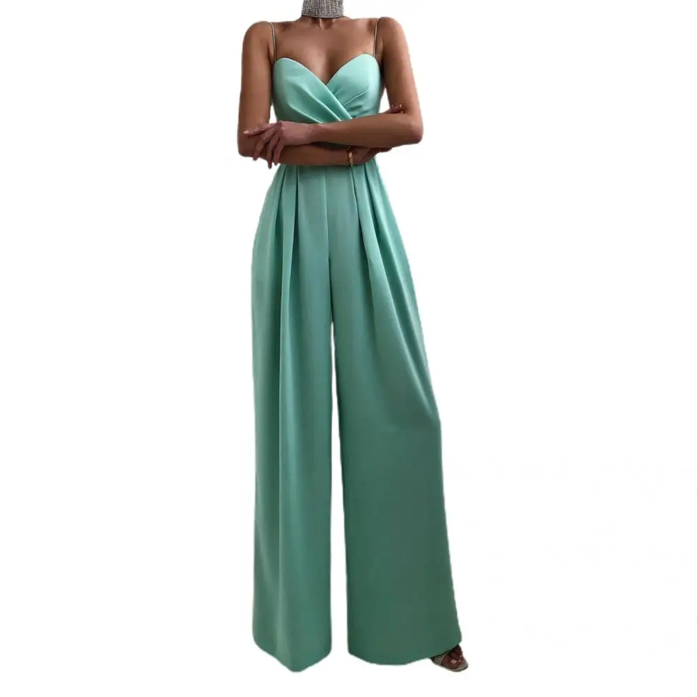 

Elegant Solid Color Ladies Straight Style Wide Leg Jumpsuit Straight Style Ladies Jumpsuit Sleeveless Daily Wear