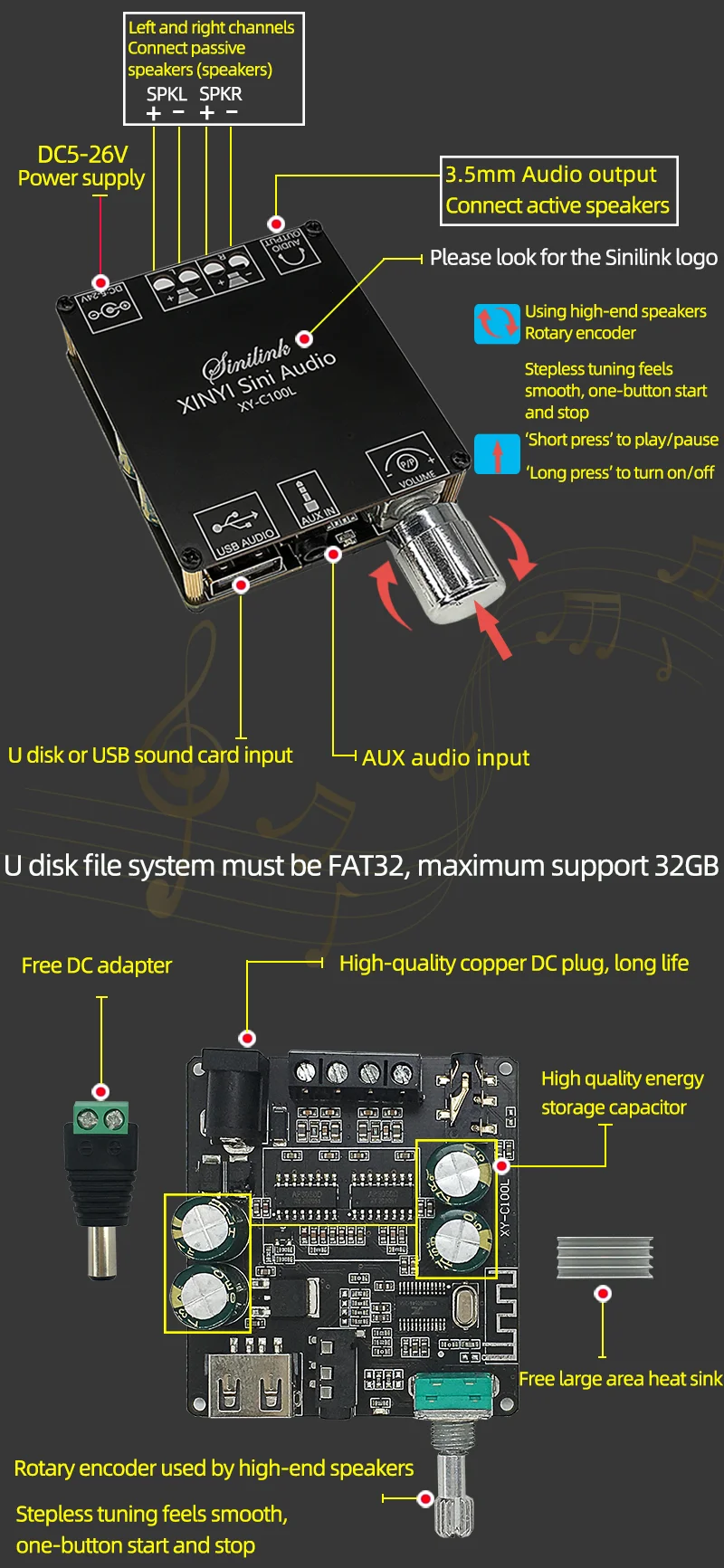 C100L 100 Вт + Bluetooth 5 0 беспроводной аудио цифровой усилитель мощности стереоплата AUX 12