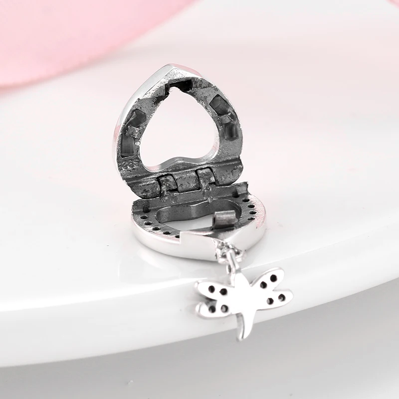 Настоящее модное серебро 925 пробы полое сердце с стрекозой прозрачный CZ зажим