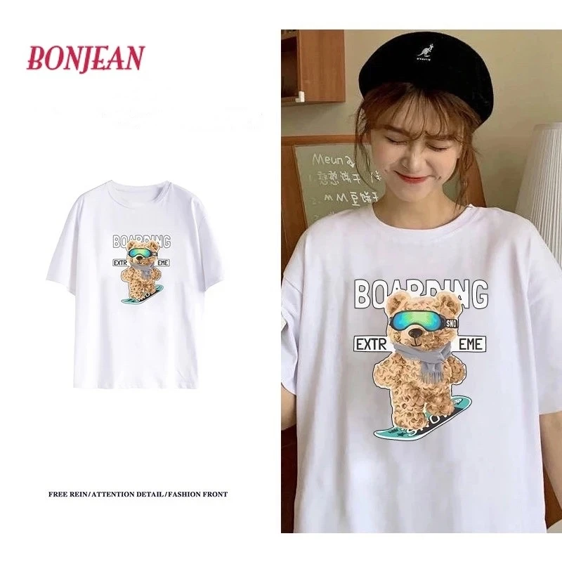 

2021 New Cartoon Bear Harajuku Oversize T-shirt Summer Loose Couple Short Sleeve Tops Korean Female Clothes