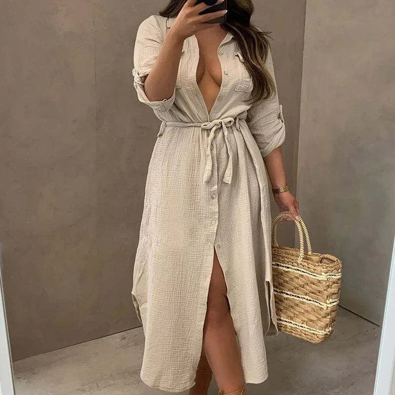

2021 Summer Printed Letter Women's Midi Dress Large Lace Up Long Sleeve Single Breasted Female Dresses Fashion Ladies Clothing
