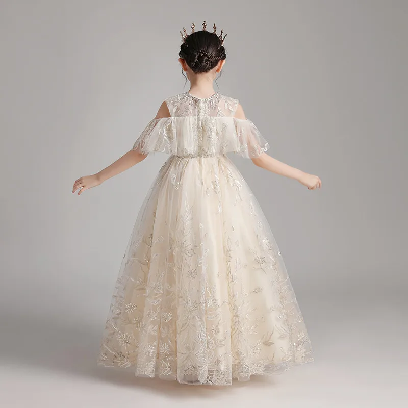

Little Girls Elegant Fashion Embroidery Lace Champagne Color Birthday Wedding Party Costumes Princess Ball Gown Dress Clothes