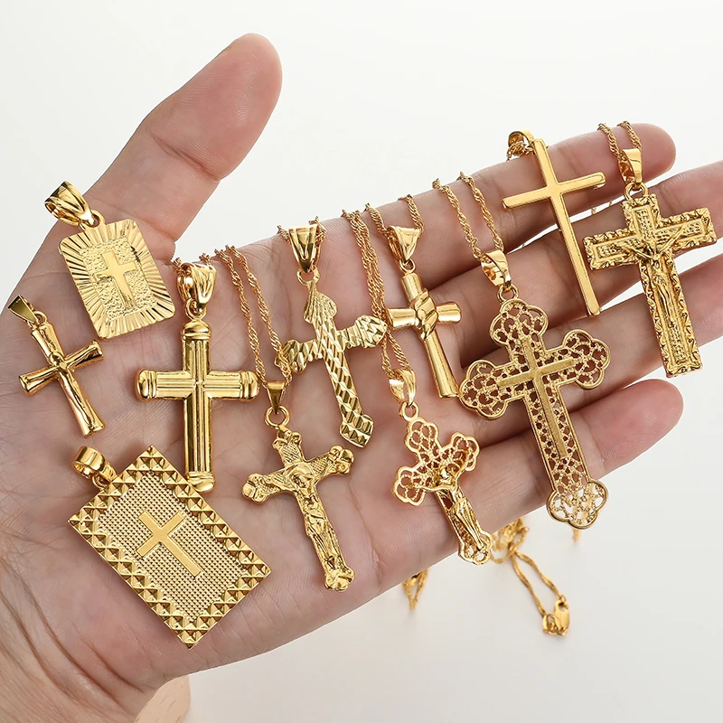Fashion Cross Chain Necklace For Women Men Luxury Ladies Gold Color Jewelry Pendant Necklaces Crucifix Christian Ornament Gifts