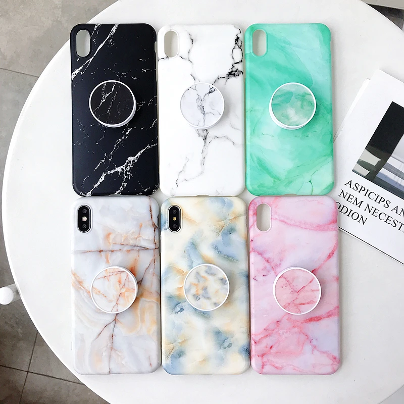 Кронштейн чехол для телефона Etui iPhone XR стильный матовый черный белый мрамор