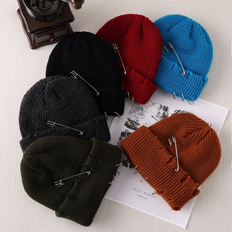 Men Hip Hop Harajuku Skullies Beanies Hats Ripped Holes Knitted Plain 2021 Autumn Winter Soft Cotton Warm Caps | Аксессуары для