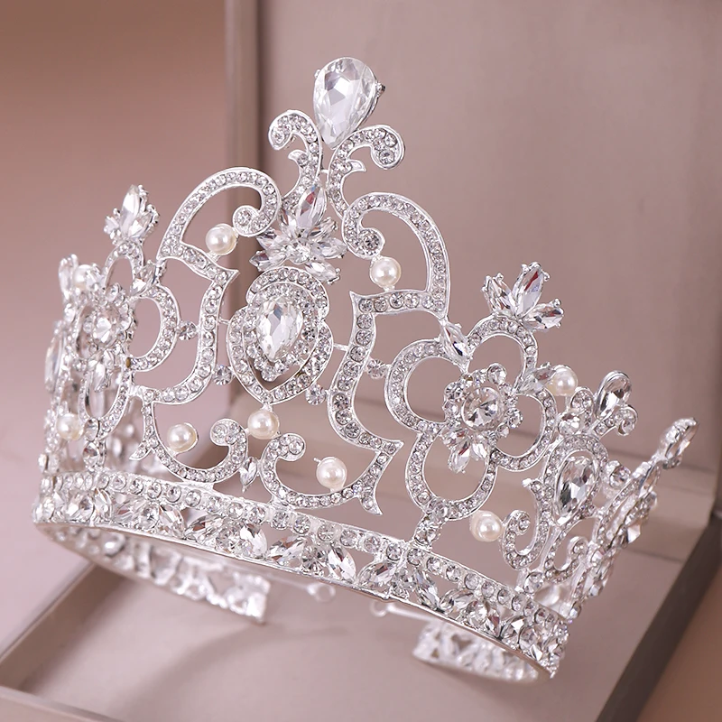 

Trendy Queen Diadem Crystal Crown Wedding Hair Accessories Ornaments Crystal Pearl Tiara & Crown King Head Jewelry Bridal Tiaras