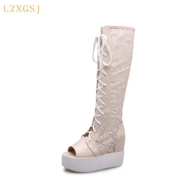 

2021 Spring Summer New Air Mesh Women High Boots Cross-tied Peep Toe Wedges With Platforms Martin Boots Female Plus Size 43