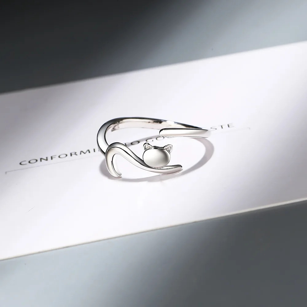 MEETSOFT 925 Silver  Opening Ring For Women Simple Adjustable Circle Animal Little Cat Jewelry Gift | Украшения и аксессуары