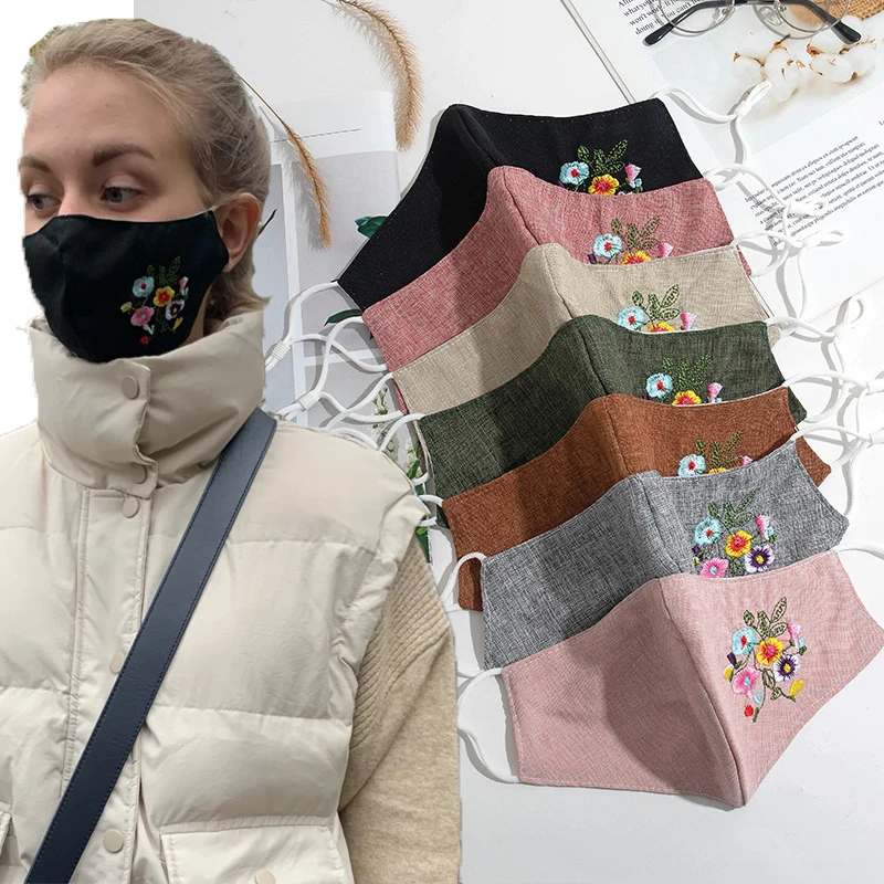 

4 Pcs Embroidery Mouth Mask Outdoor Washable Reuse Adjustable Face Mask Protection Printing Mouth Mask Pollution Respirato Cover