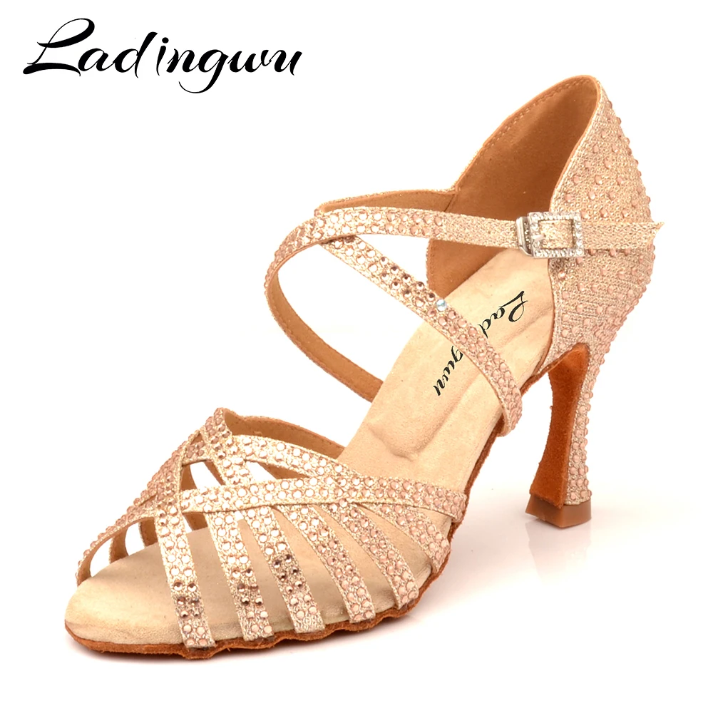 Ladingwu Latin Dance Shoes Gold Glitter Rhinestones Champagne Women's Ballroom Dancing Shoes Salsa Soft Shoes High Heel