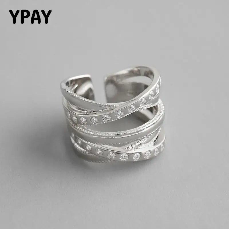 

YPAY Аутентичные 925 пробы серебряные Открытые Кольца Корея Многослойные линии циркония кольцо для женщин хорошее ювелирное изделие Рождеств...