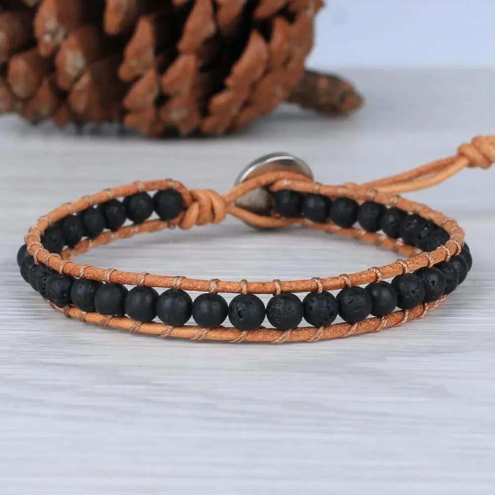 

KELITCH Beaded Leather Wrap Bracelets Handmade Lava Stone Beads Chakra Strand Bracelets Bangles Punk Retro Cuff Wristband