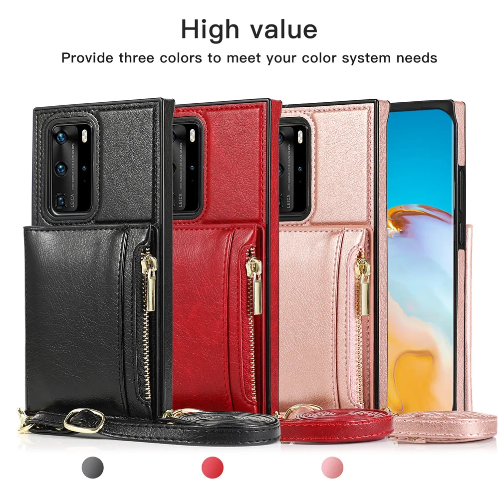 

Long Strap Lady Leather Wallet Case For Huawei P30 Lite P40 Pro + Case Shockproof Full Cover Coque For Huawei P40 Pro Plus Case
