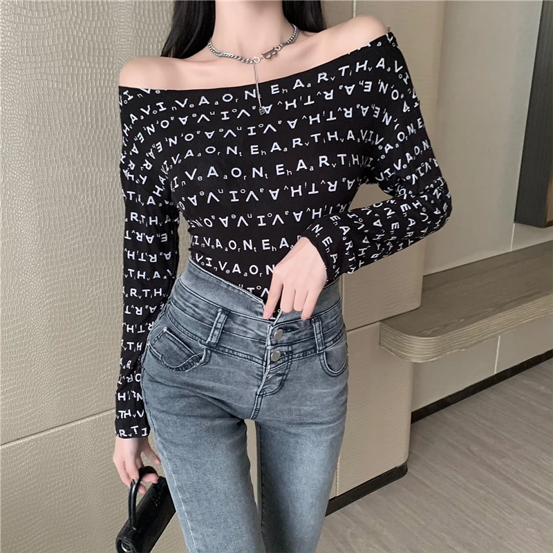 

High Street Woman Sexy Skinny Tops Tees Slash Neck Autumn Long Sleeve T Shirts with Letters Print YOU1024