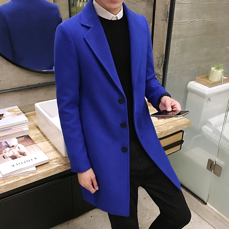 

Autumn Winter New Men's Casual Boutique Long Wool Coat/Male Solid Color Lapel Single Breasted Trench Blends Jacket Windbreaker