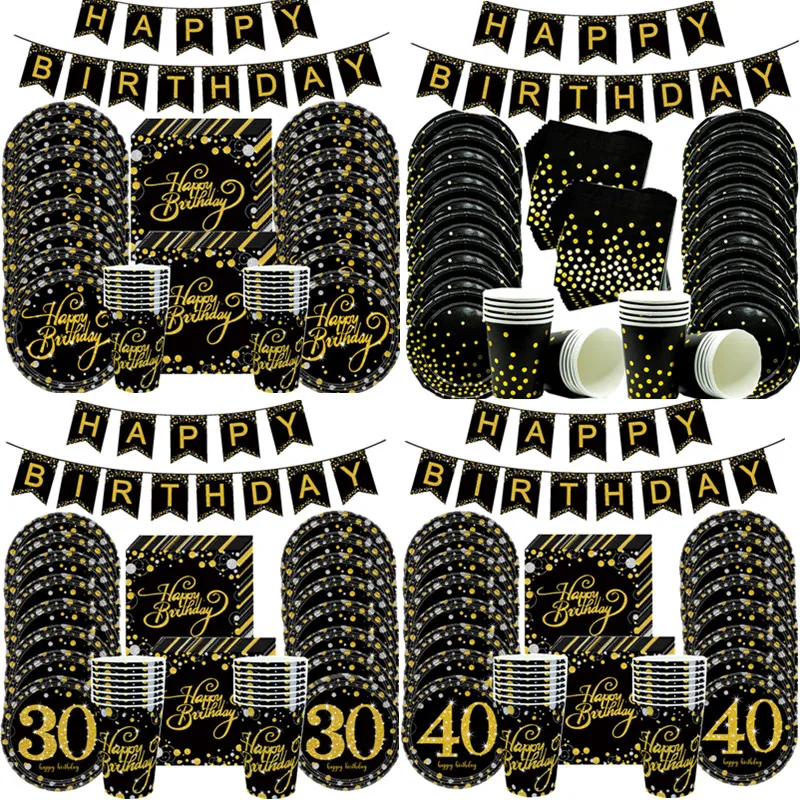 

Black Gold Dot 30th Disposable Tableware Towel Plates Tablecover Cups Disposable Party Tableware 30 Birthday Party Supplies
