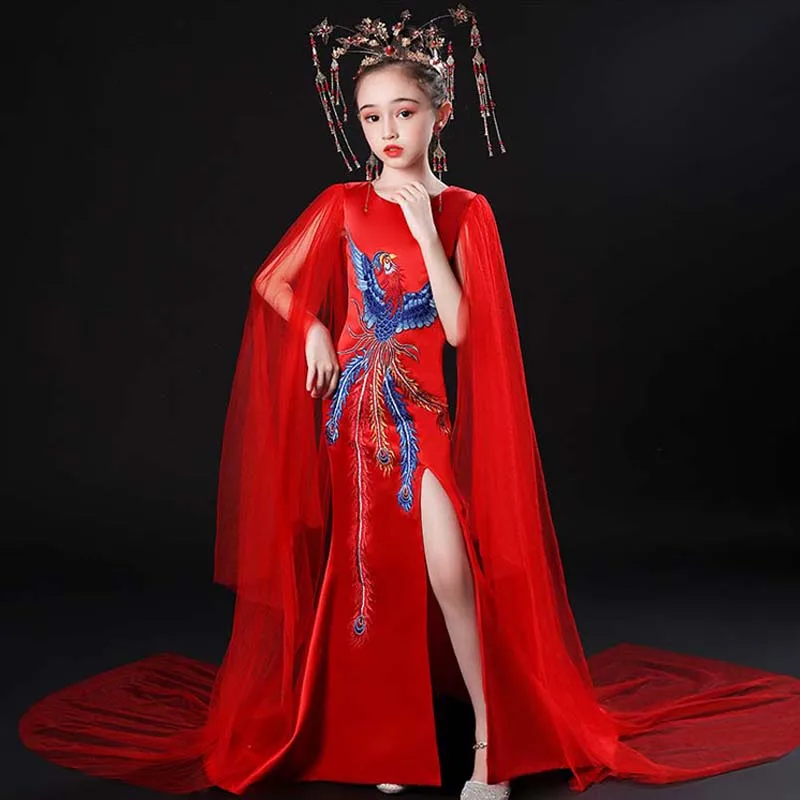 

Children Princess Evening Dress Cheongsam Kids Girl Traditional Chinese Dress Costume Piano Embroidery Phoenix Satin Qipao Dress