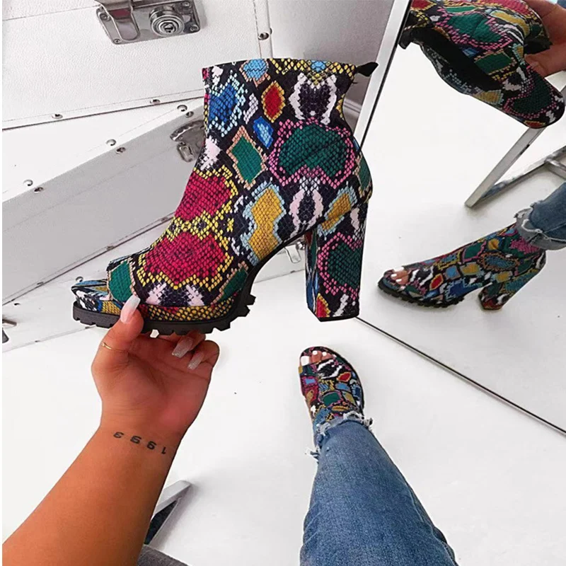 

Bright Color Women Shoes Ankle Boots Woman Sexy Snake Pattern Zip Shoes Ladies Waterproof Female Open Toe Women's High heels New